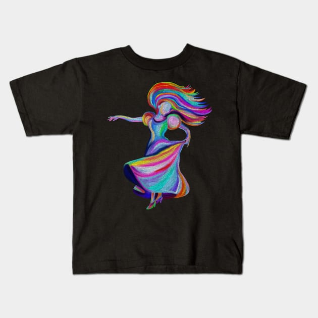 Flamenco Dress Twirling Rainbow Woman Kids T-Shirt by Art by Deborah Camp